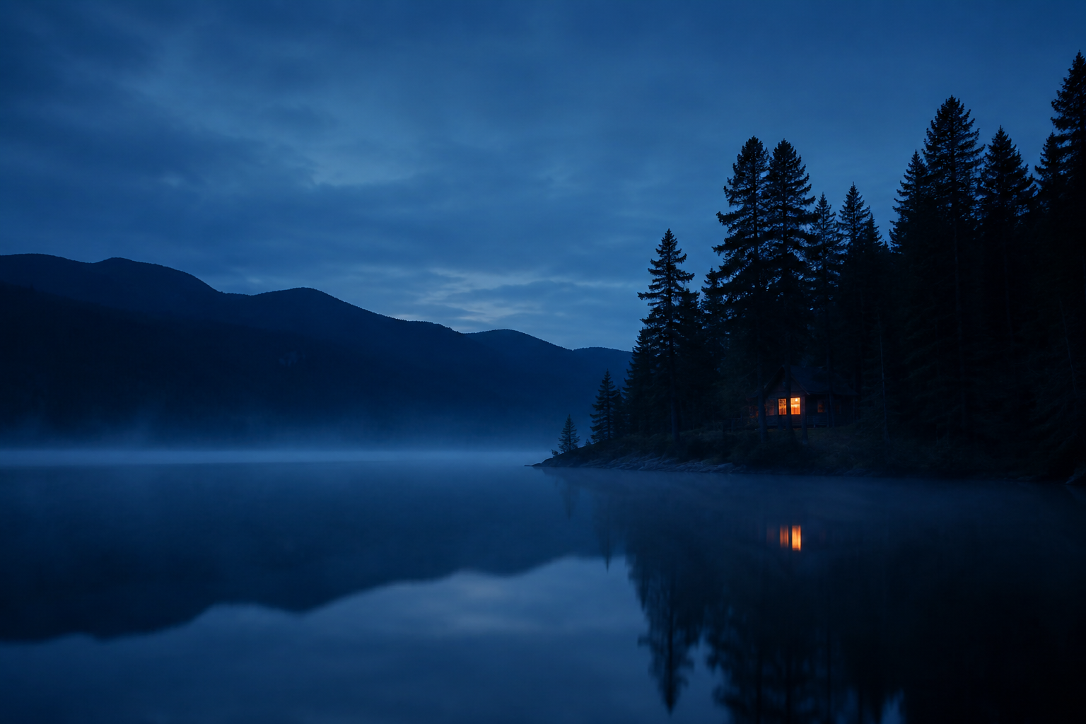 A quiet lake and pine forest at blue hour